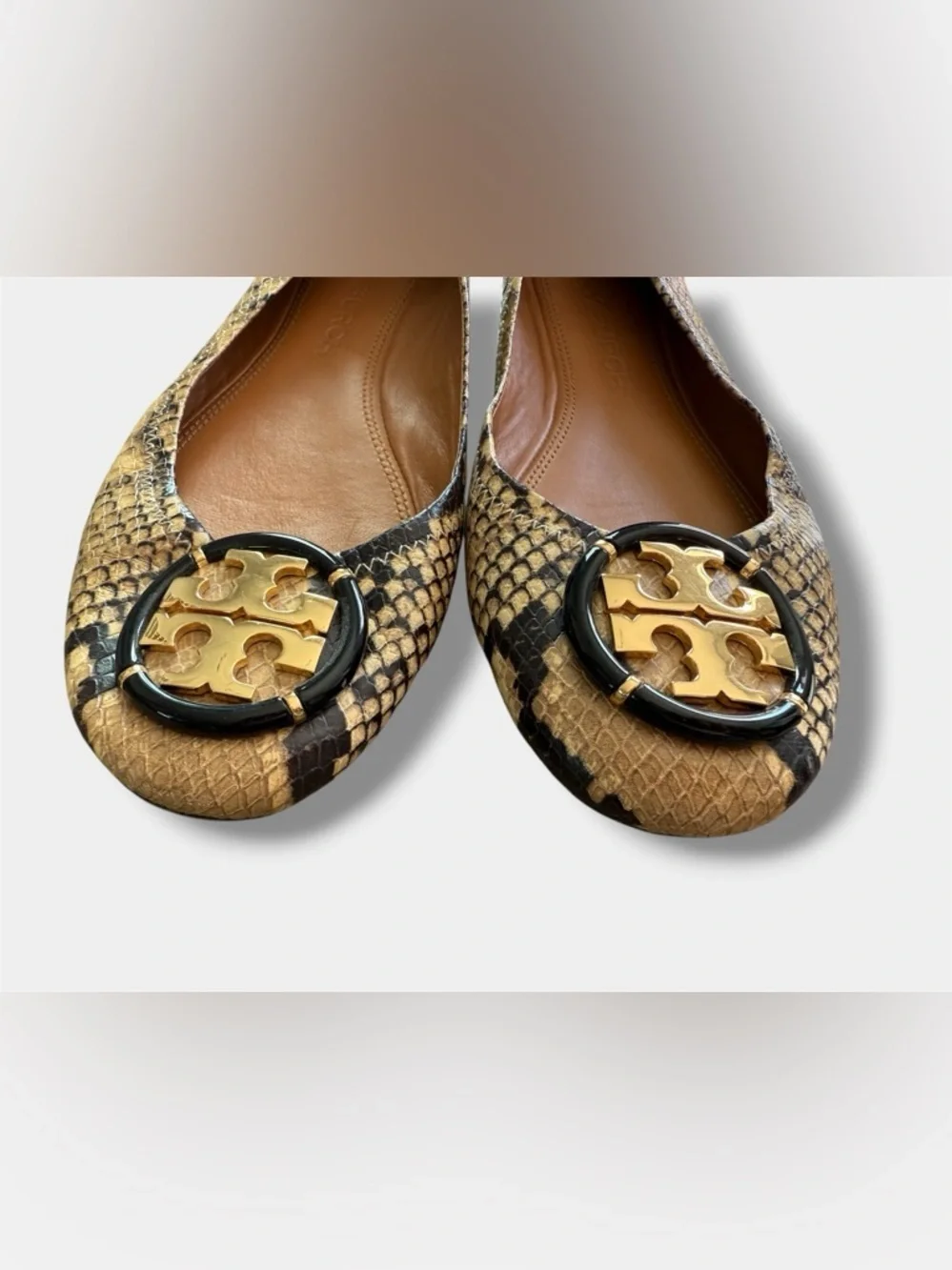 Tory Burch Snake Print Flats Gold Logo Medallion Ballet Shoes Women’s 10M